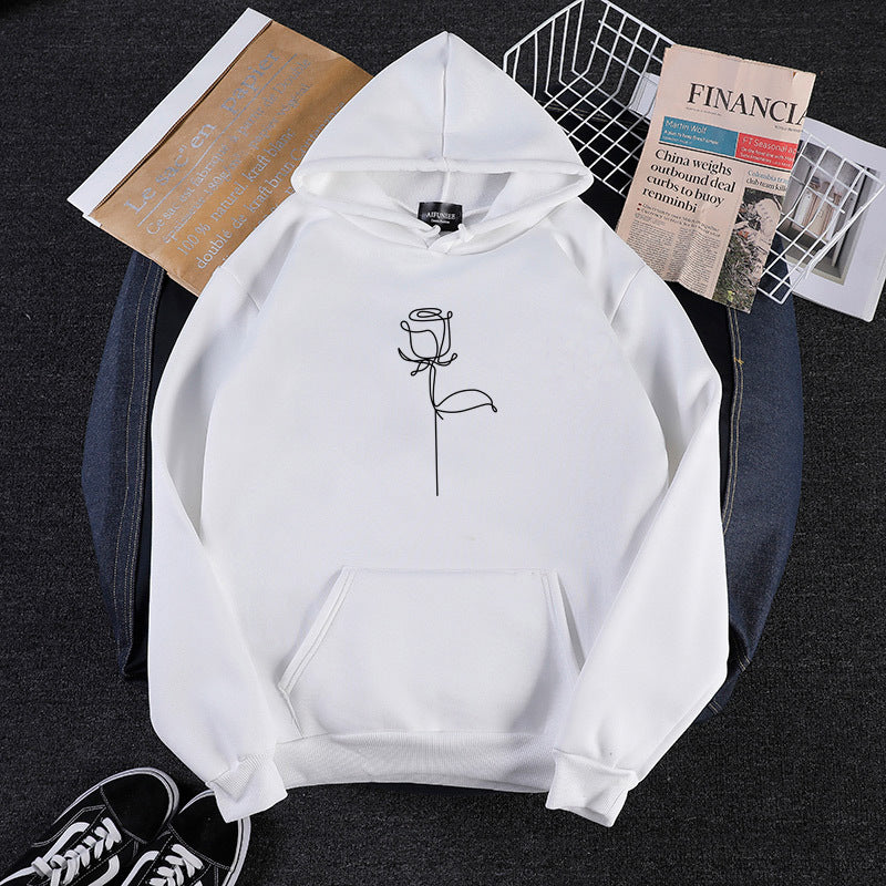 Unisex nan Kapuzenpullover mit minimalistischer Rosenlinien-Illustration, Kängurutasche und angerautem Innenfutter Drune