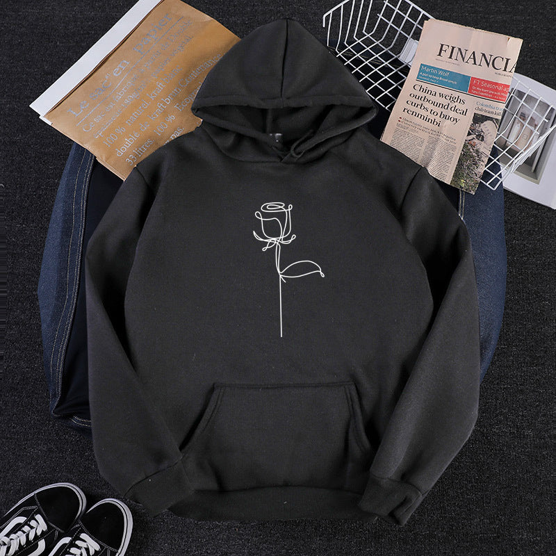 Unisex nan Kapuzenpullover mit minimalistischer Rosenlinien-Illustration, Kängurutasche und angerautem Innenfutter Drune