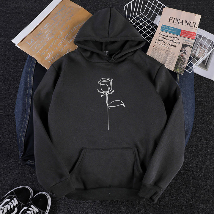 Unisex nan Kapuzenpullover mit minimalistischer Rosenlinien-Illustration, Kängurutasche und angerautem Innenfutter Drune