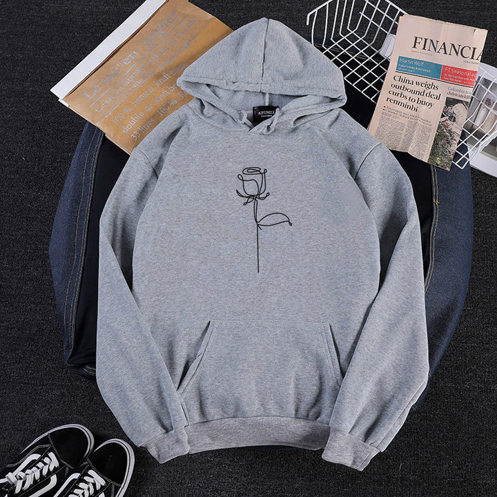 Unisex nan Kapuzenpullover mit minimalistischer Rosenlinien-Illustration, Kängurutasche und angerautem Innenfutter Drune