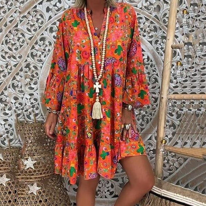 Damen nan A-Linien-Tunika-Minikleid mit V-Ausschnitt, stufigem Volant und Boho-Bandana-Print Drune
