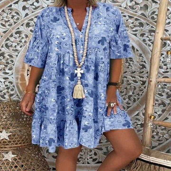Damen nan A-Linien-Tunika-Minikleid mit V-Ausschnitt, stufigem Volant und Boho-Bandana-Print Drune