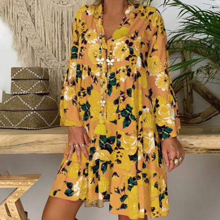 Damen nan A-Linien-Tunika-Minikleid mit V-Ausschnitt, stufigem Volant und Boho-Bandana-Print Drune