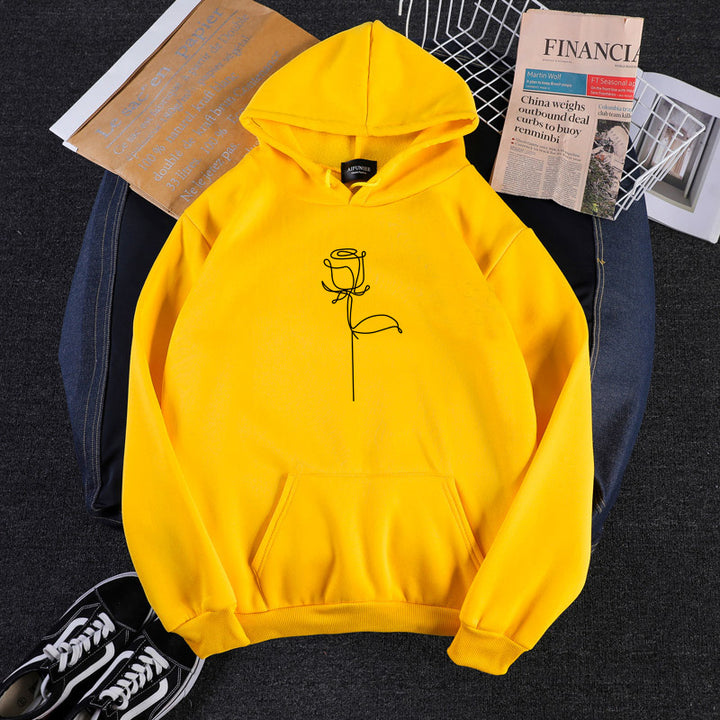Unisex nan Kapuzenpullover mit minimalistischer Rosenlinien-Illustration, Kängurutasche und angerautem Innenfutter Drune
