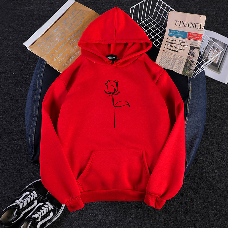 Unisex nan Kapuzenpullover mit minimalistischer Rosenlinien-Illustration, Kängurutasche und angerautem Innenfutter Drune