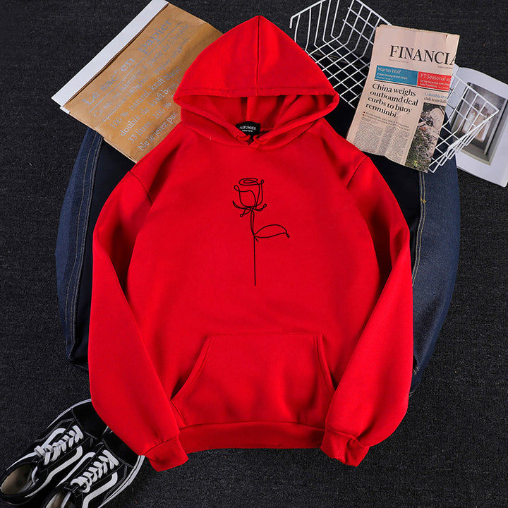 Unisex nan Kapuzenpullover mit minimalistischer Rosenlinien-Illustration, Kängurutasche und angerautem Innenfutter Drune