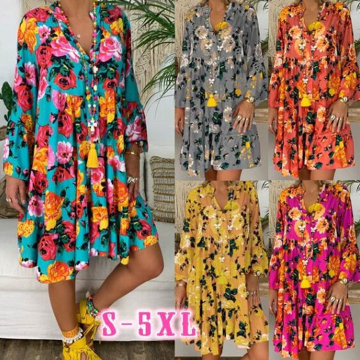Damen nan A-Linien-Tunika-Minikleid mit V-Ausschnitt, stufigem Volant und Boho-Bandana-Print Drune