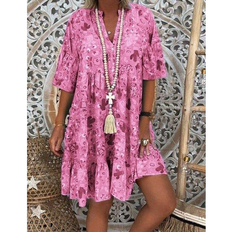 Damen nan A-Linien-Tunika-Minikleid mit V-Ausschnitt, stufigem Volant und Boho-Bandana-Print Drune