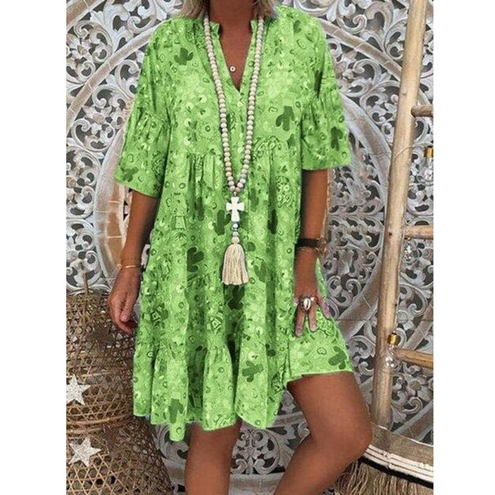 Damen nan A-Linien-Tunika-Minikleid mit V-Ausschnitt, stufigem Volant und Boho-Bandana-Print Drune