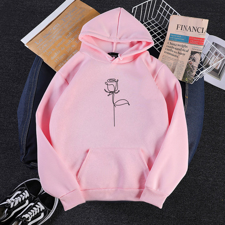 Unisex nan Kapuzenpullover mit minimalistischer Rosenlinien-Illustration, Kängurutasche und angerautem Innenfutter Drune