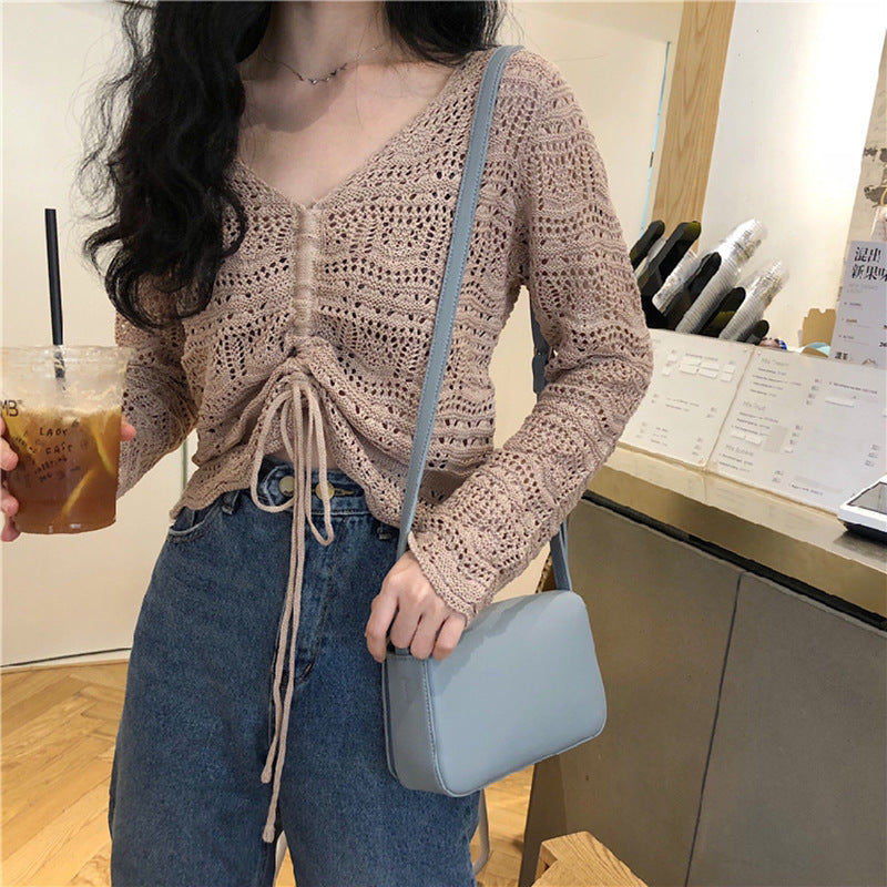 Damen Strickbluse mit dekorativem Lochmuster und verstellbarem Kordelzug Drune