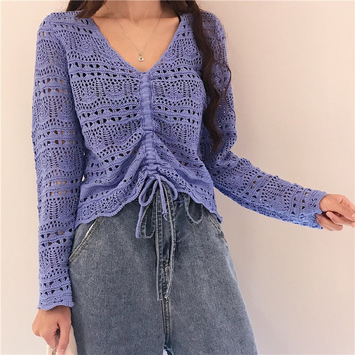 Damen Strickbluse mit dekorativem Lochmuster und verstellbarem Kordelzug Drune