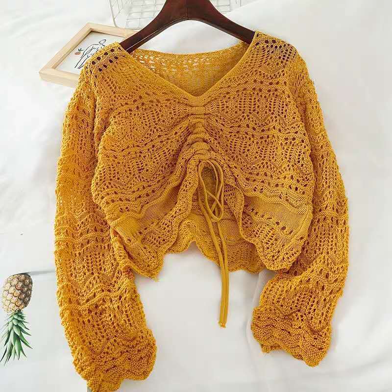 Damen Strickoberteil mit transparentem Häkel-Muster und praktischer Bindebindung Drune
