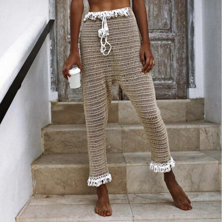 Damen Häkel-Strandleggings mit dekorativen Fransen und elastischem Bund Drune
