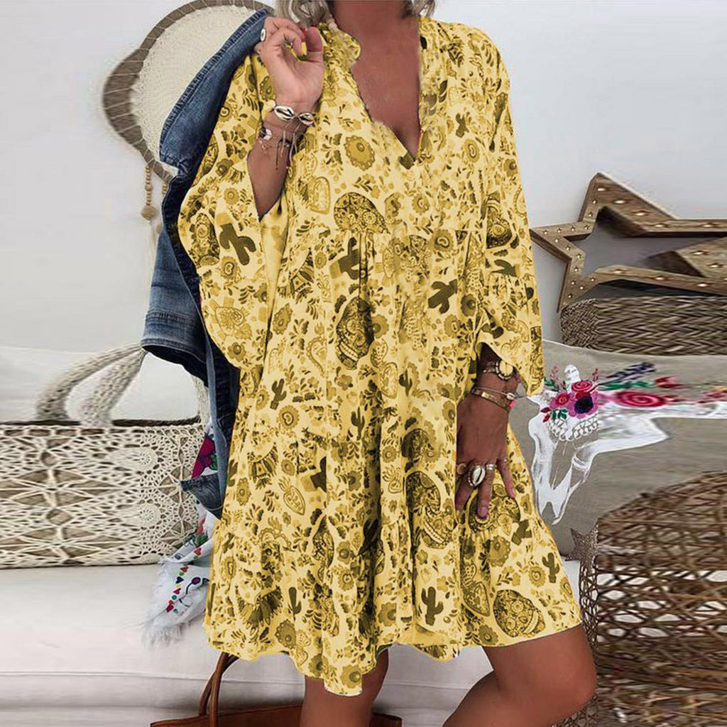 Damen nan A-Linien-Tunika-Minikleid mit V-Ausschnitt, stufigem Volant und Boho-Bandana-Print Drune