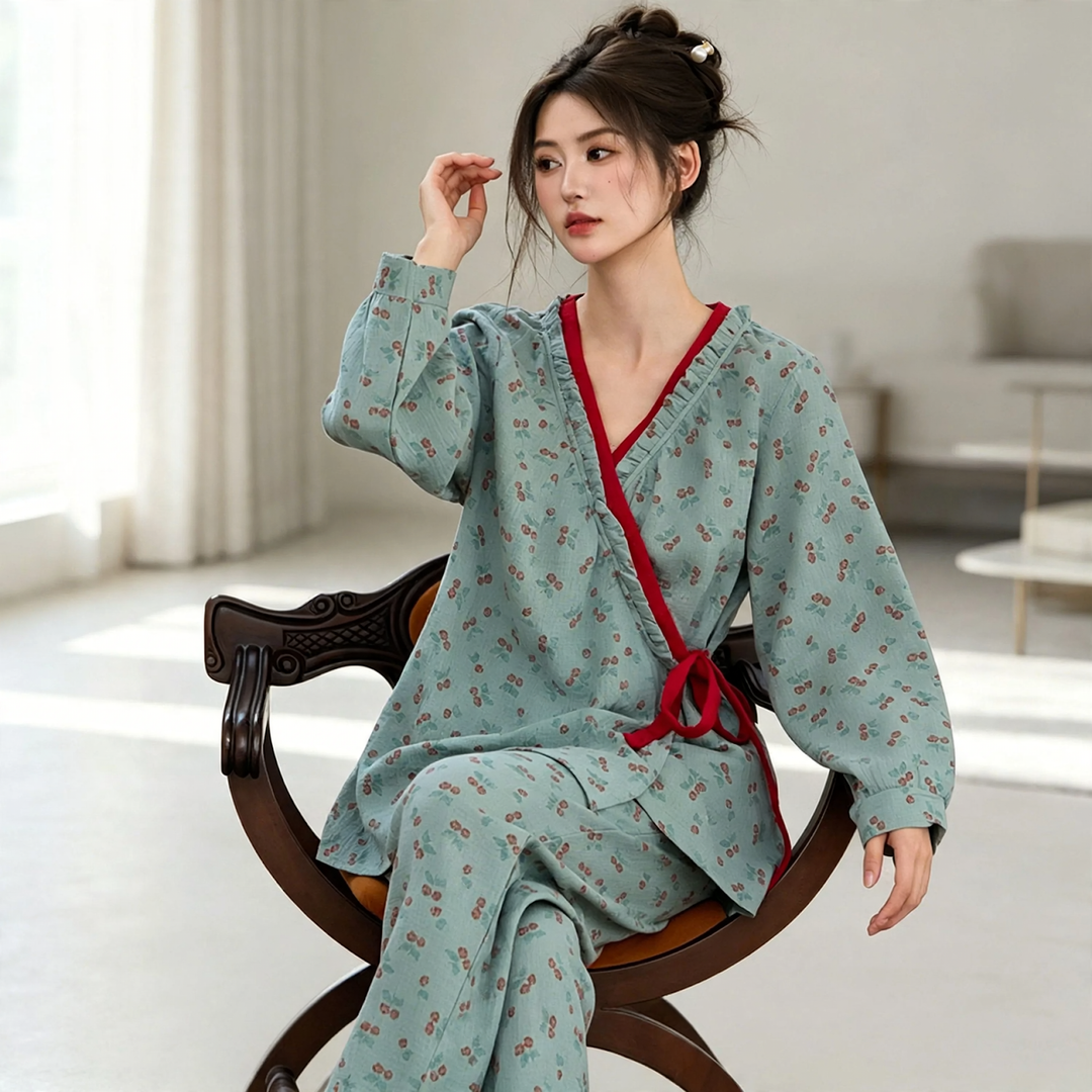 Damen-Pyjama-Set im Kimono-Stil mit Blumenmuster