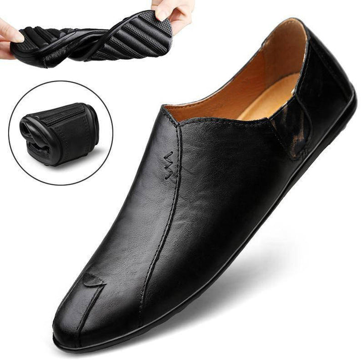 Herren Weicher Leder-Slip-On Loafer mit quadratischer Zehenform, elastischen Einsätzen und gepolstertem Komfortfußbett Drune