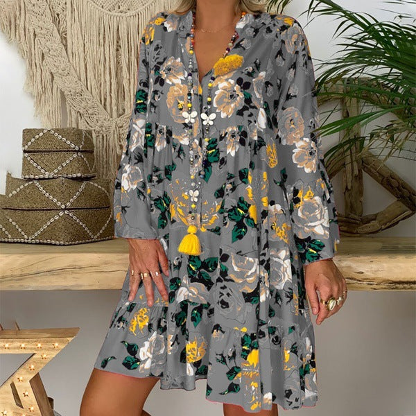 Damen nan A-Linien-Tunika-Minikleid mit V-Ausschnitt, stufigem Volant und Boho-Bandana-Print Drune