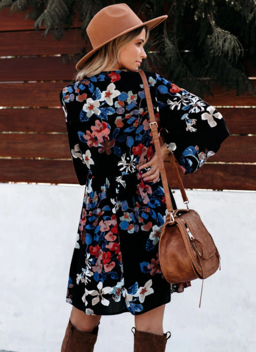 Damen boho-inspiriertes Wickelkleid mit weitem Ärmel und floralen Mustern Drune
