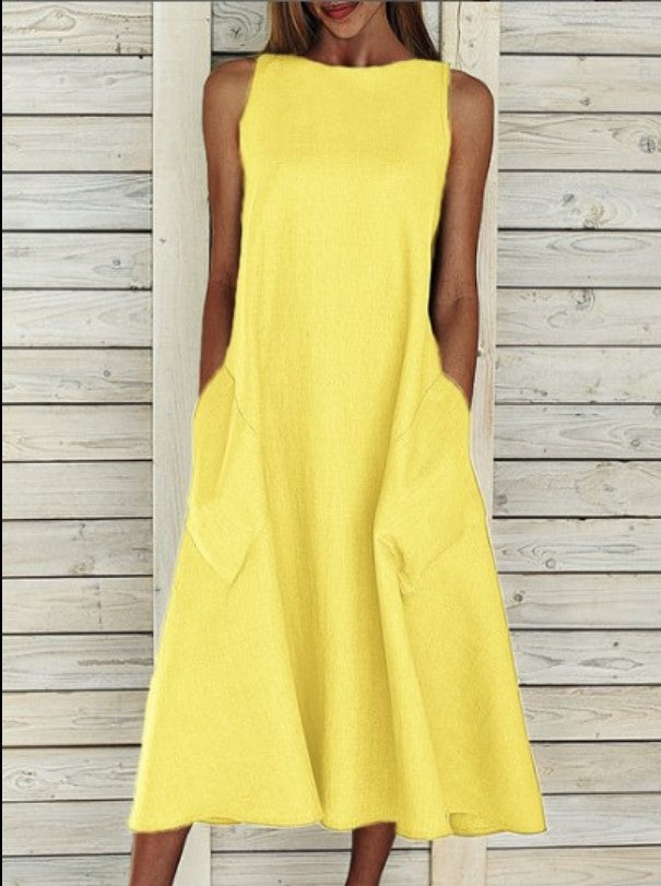 Damen lässiges Midi-Kleid mit tiefem Ausschnitt und praktischen Taschen Drune
