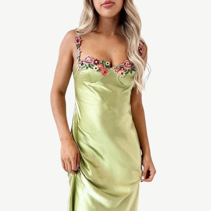Drune | Blume Bootsausschnitt Hoher Schlitz Satin Schlank Garten Party Slip Maxikleider