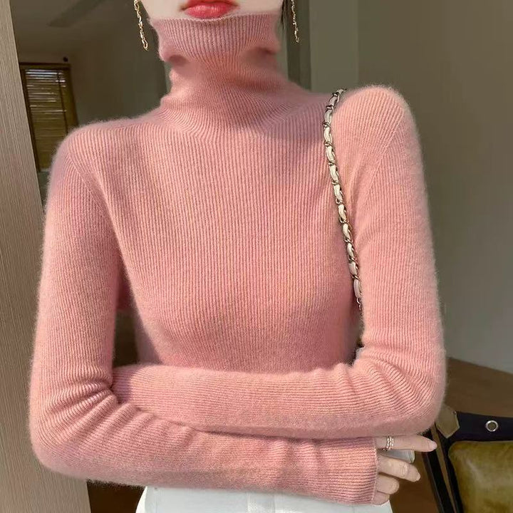 Damen-Woll-Strickpullover, Stehkragen, schmal geschnitten