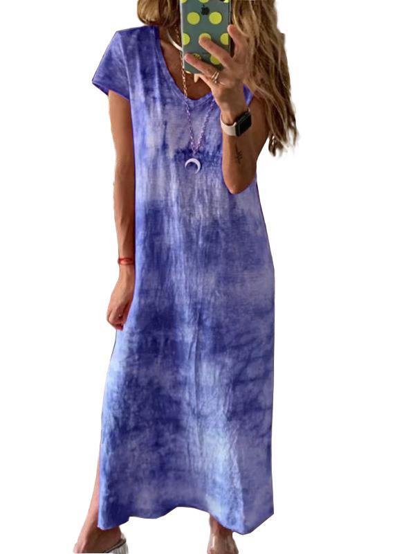 Damen Maxikleid mit kreativem Batikdesign und V-Ausschnitt Drune