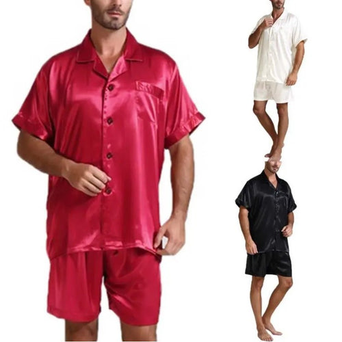 Unisex nan seidig-glänzendes Kurzarm-Pyjama-Set mit Hemdkragen und elastischem Bund Drune