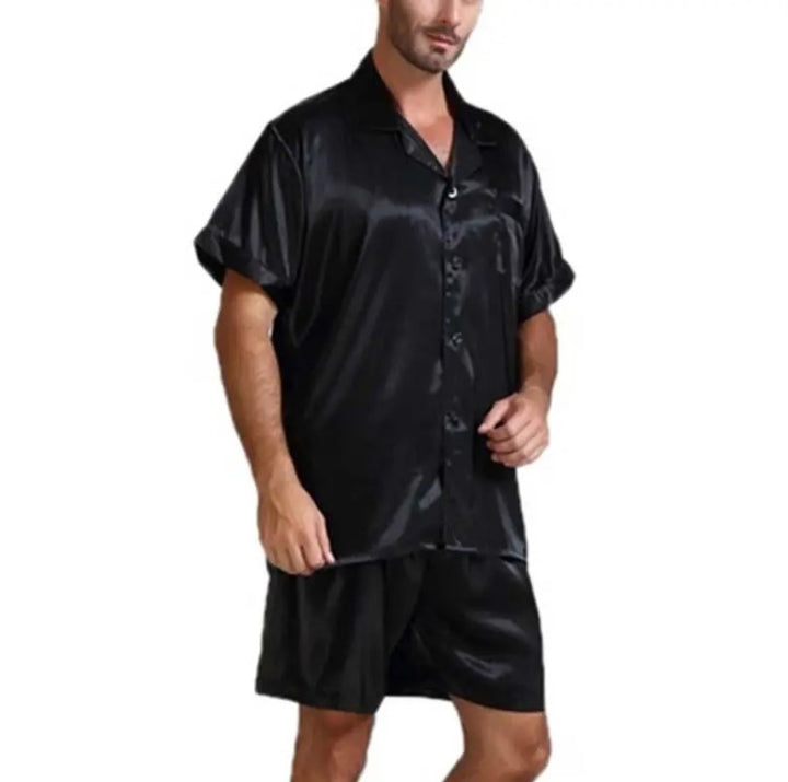 Unisex nan seidig-glänzendes Kurzarm-Pyjama-Set mit Hemdkragen und elastischem Bund Drune
