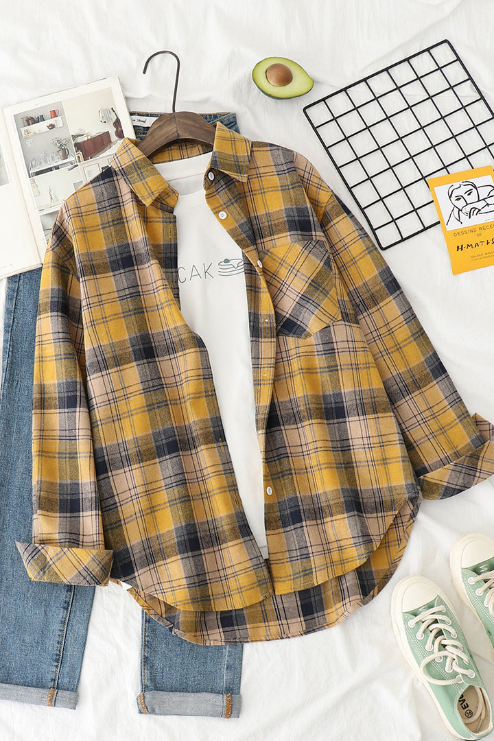 Unisex nan karierte Flanell-Hemdjacke im Oversize-Schnitt mit Brusttasche Drune