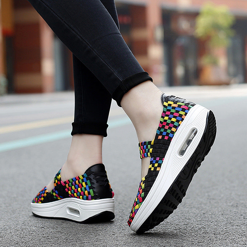 Damen nan gewebter Mary-Jane-Sneaker mit elastischem Flechtoberteil, Klettverschluss und luftgepolsterter Plateausohle Drune