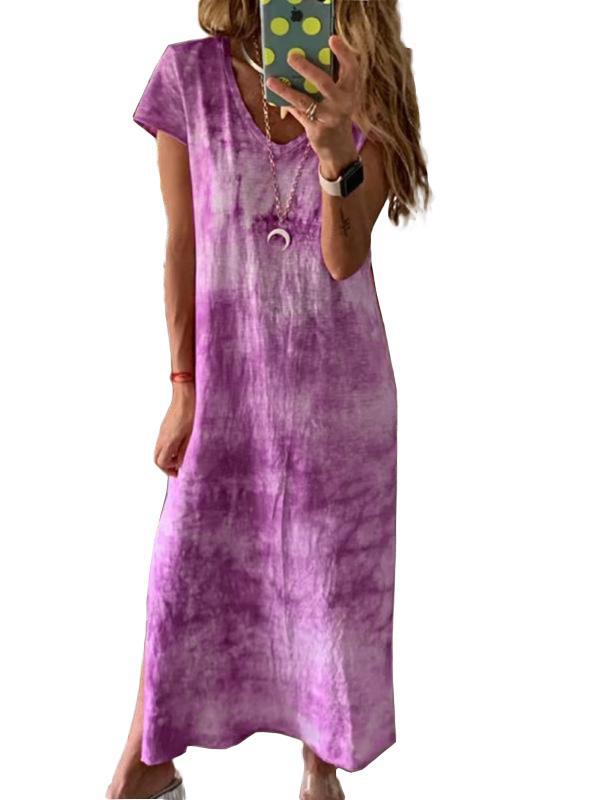 Damen Maxikleid mit kreativem Batikdesign und V-Ausschnitt Drune