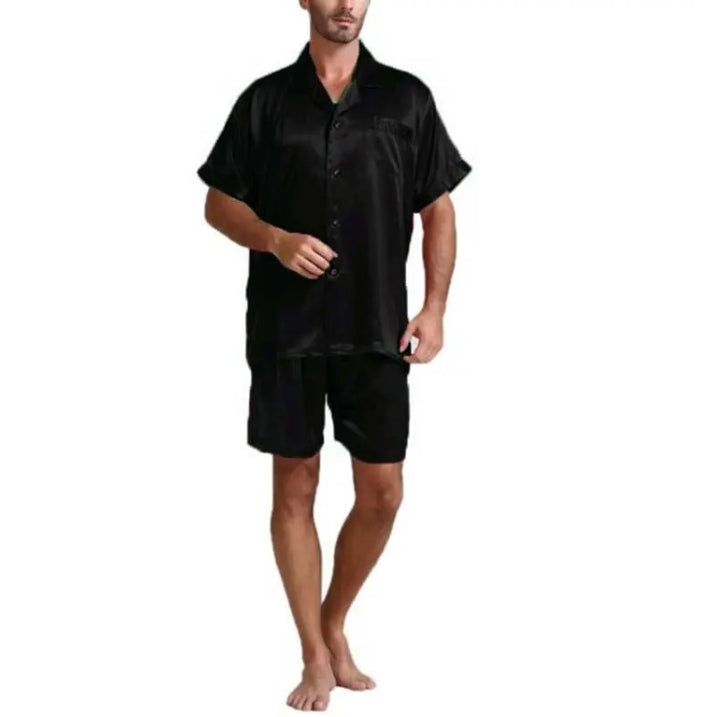 Unisex nan seidig-glänzendes Kurzarm-Pyjama-Set mit Hemdkragen und elastischem Bund Drune