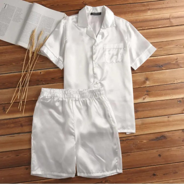 Unisex nan seidig-glänzendes Kurzarm-Pyjama-Set mit Hemdkragen und elastischem Bund Drune