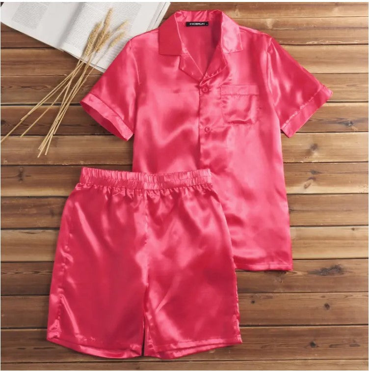 Unisex nan seidig-glänzendes Kurzarm-Pyjama-Set mit Hemdkragen und elastischem Bund Drune