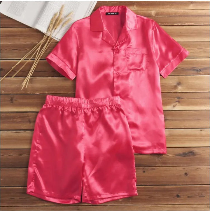 Unisex nan seidig-glänzendes Kurzarm-Pyjama-Set mit Hemdkragen und elastischem Bund Drune