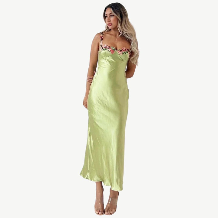 Drune | Blume Bootsausschnitt Hoher Schlitz Satin Schlank Garten Party Slip Maxikleider