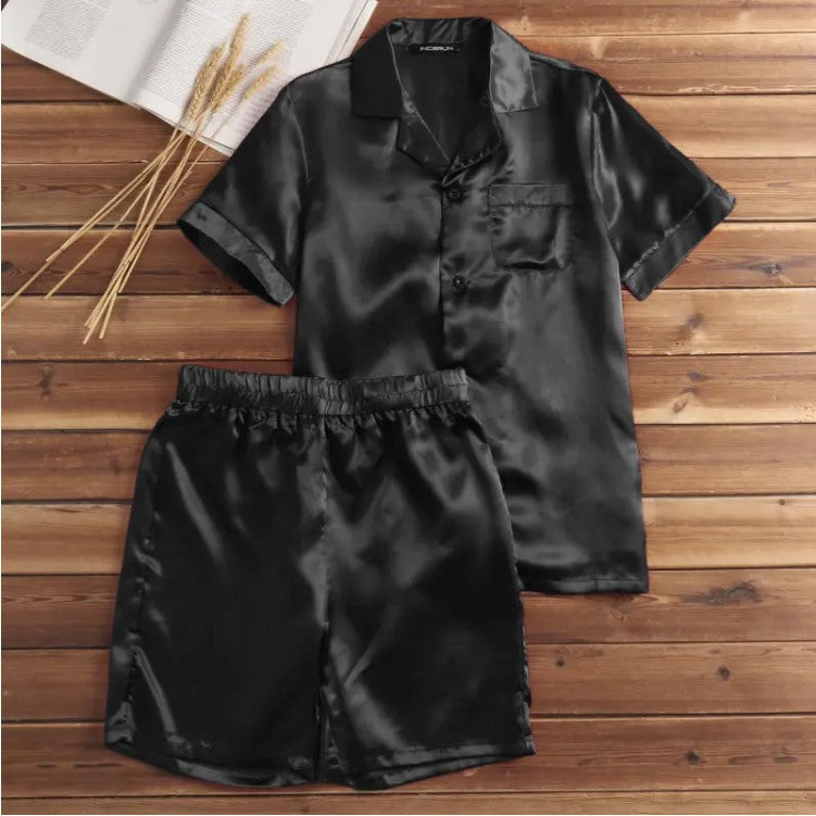 Unisex nan seidig-glänzendes Kurzarm-Pyjama-Set mit Hemdkragen und elastischem Bund Drune