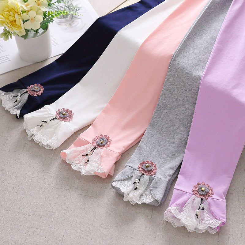 Mädchen Leggings mit bezauberndem Blumen- und Spitzenbesatz Drune