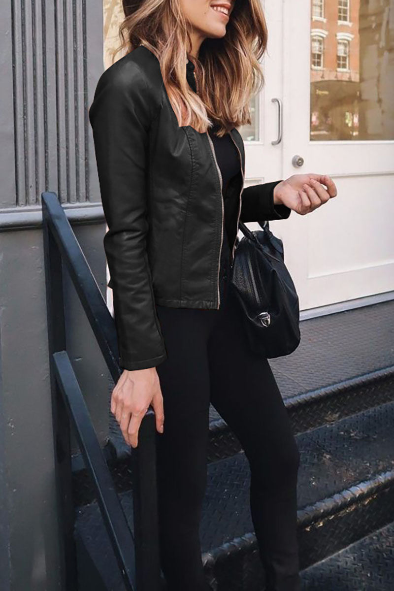 Drune | Reißverschluss Vorne Kunstleder Cropped Jacke
