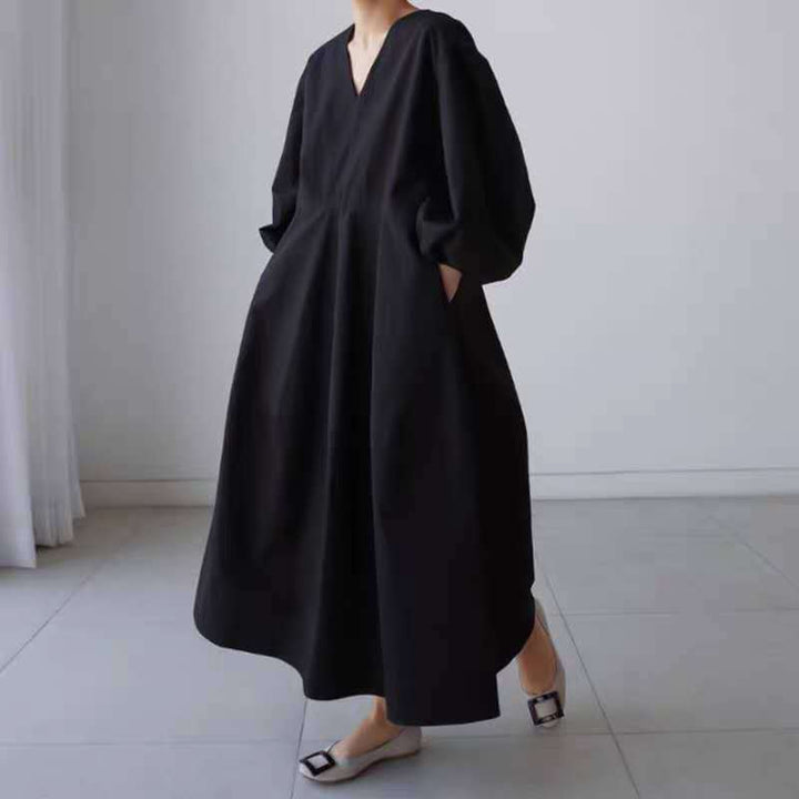Damen Maxikleid mit V-Ausschnitt, Ballonärmeln und taillierter Teilungsnaht Drune