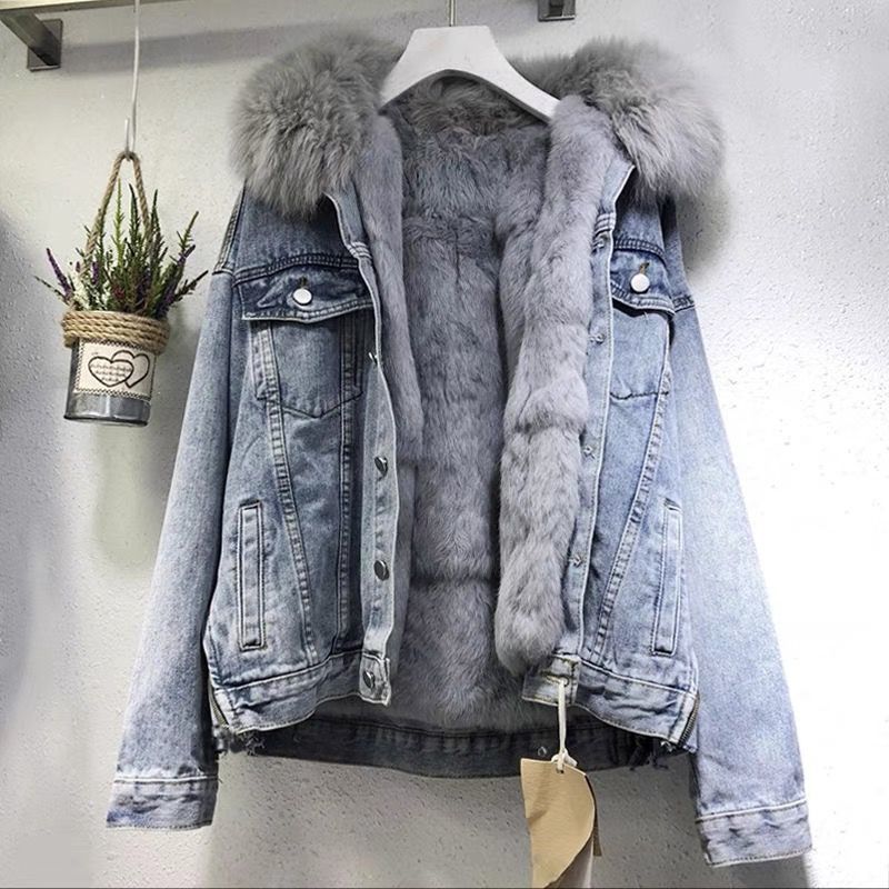 Gefütterte Jeansjacke für Damen, kurz, mit Webpelzkragen