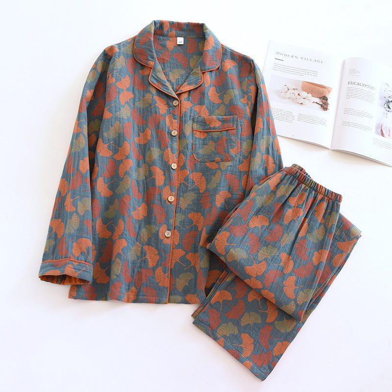 Damen-Pyjama-Set aus Baumwoll-Gaze, langärmelig, Vintage-Stil