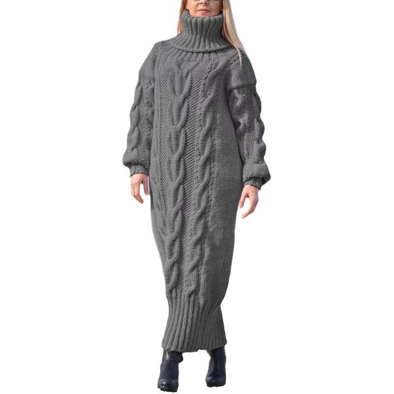 Langer Damen-Rollkragenpullover mit Zopfmuster