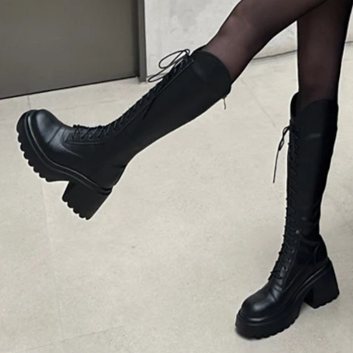 Drune | Hohe Stiefel Damenstiefel mit Schnürung und Robuster Ferse