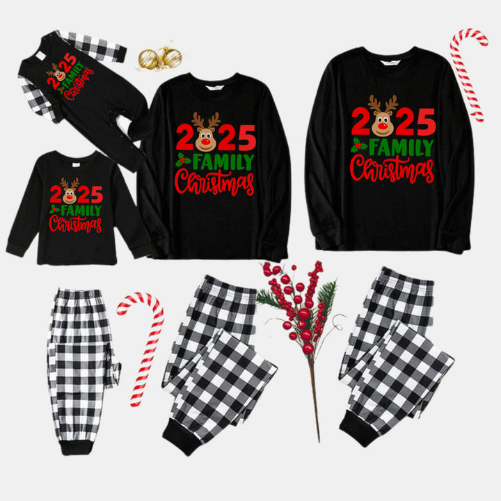 Drune | "2025 Familie Weihnachten" Elch Brief Druck Schwarz Langarmtop mit Schwarz- und Weißkarierten Hosen Familie Passende Pyjamas