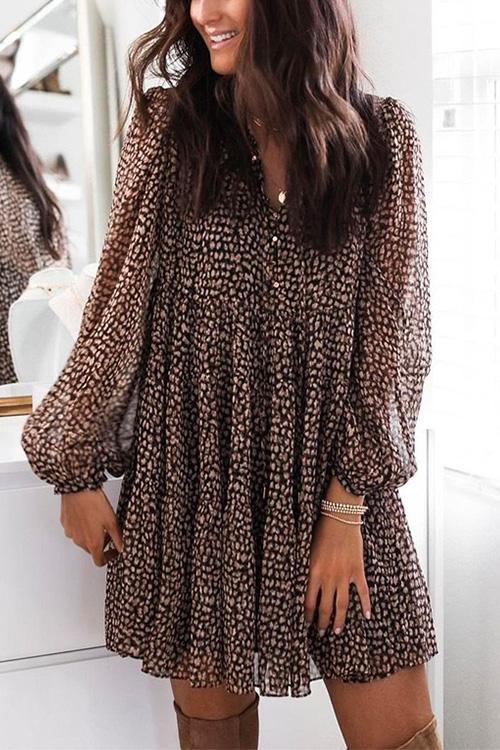 Drune | Rosiedress V-Ausschnitt Leoparden-Swing-Minikleid