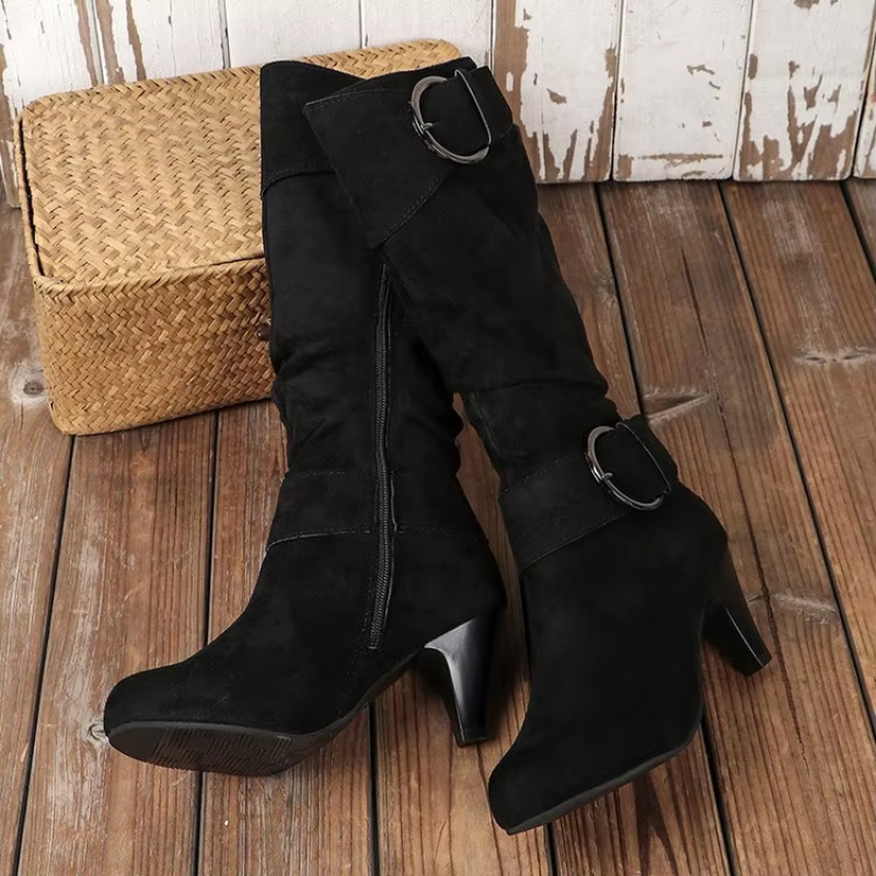 Drune | Damen Knielange Stiefel mit Reißverschluss und Schnalle Stilvolle Hohe Stiefel