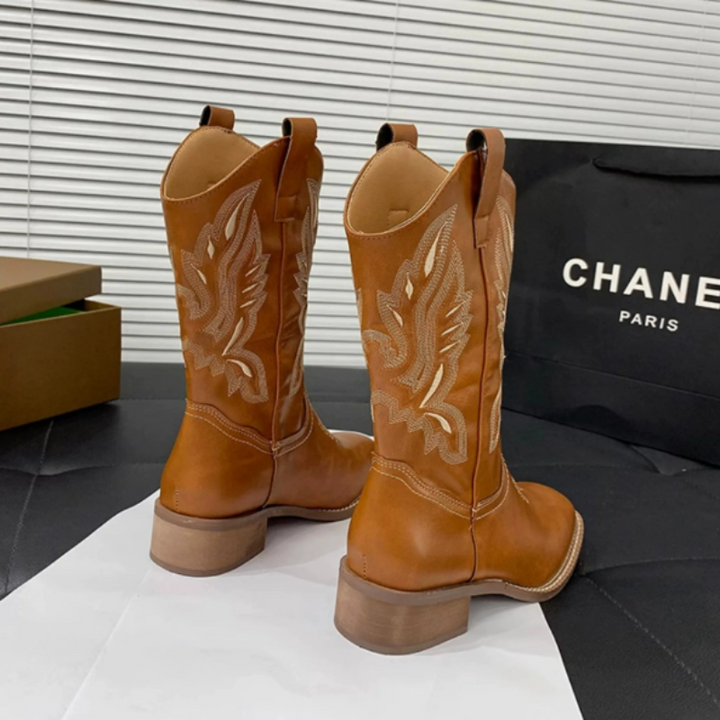 Drune | Western Stil Stiefel Damen mit Spitzem Kopf und Blockabsatz, Cowboy Stiefel Damen