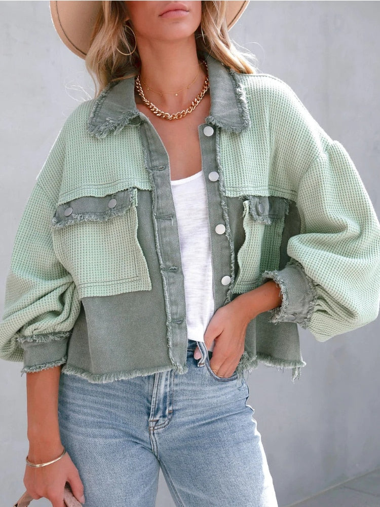 Drune | Distressed Patchwork-Jacke mit Glockenärmeln